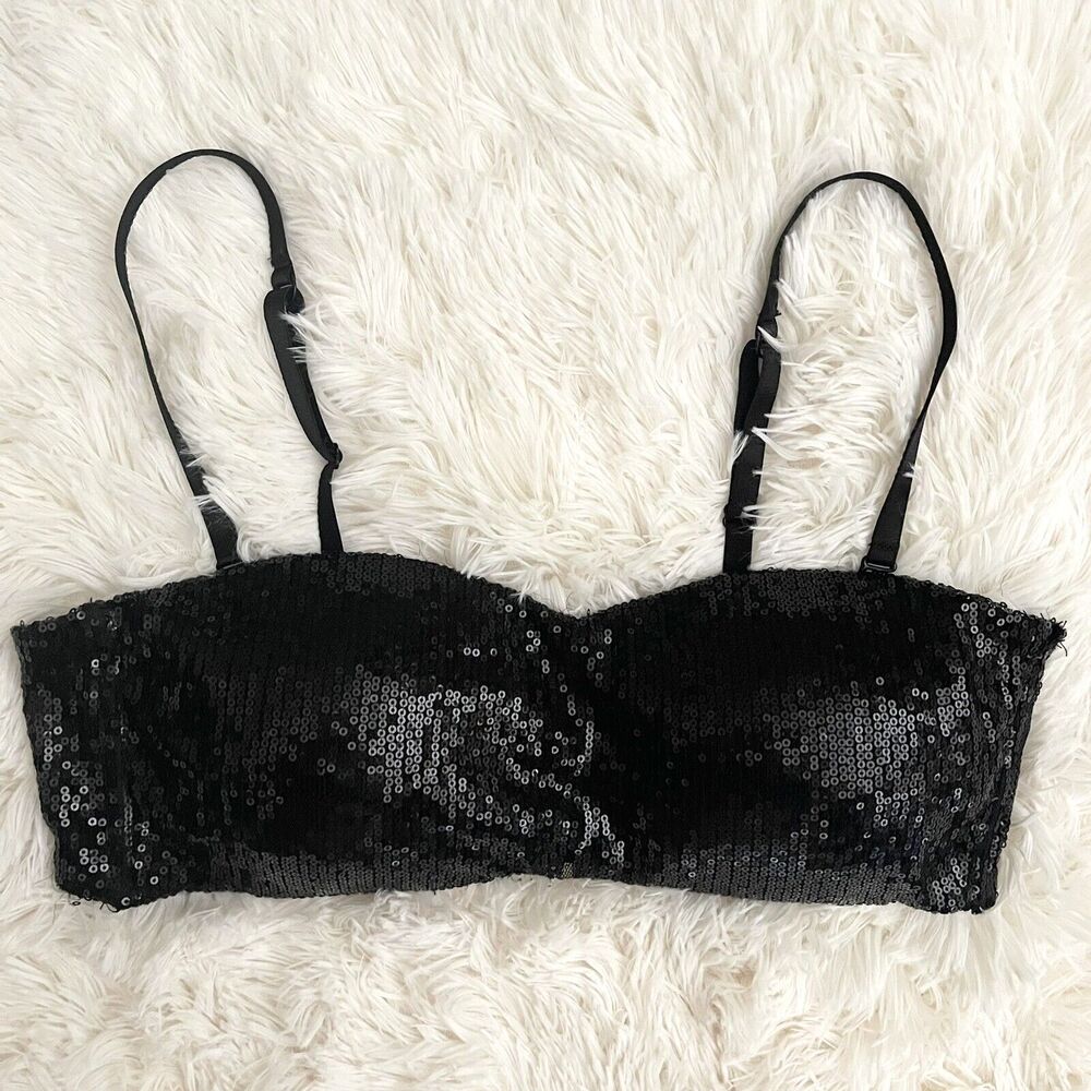 Black Sequins Bra Size XL Shiny Padded Lined Adjkustable Tube Top